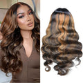 U Part Human Hair Wig Body Wave Highlight Wig #1b/30 12 Inch Ombre Brown Blonde