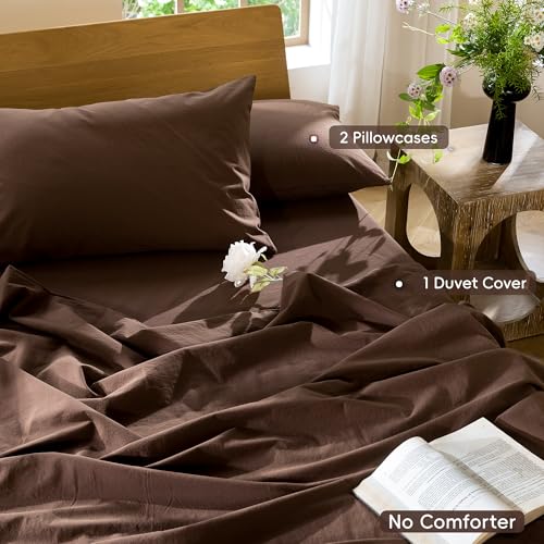 MooMee Queen Duvet Cover Set 100% Washed Cotton Linen Look Cocoa Brown No Comforter