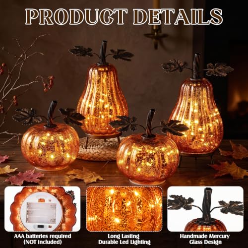 Lighted Glass Pumpkin Decor Set - Fall Thanksgiving Halloween Orange 4 Pcs