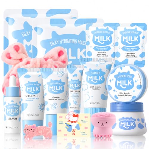 WOUGLAY 15-Piece Milk Skincare Kit for Teens & Women | Travel Set with Mask & Moisturizer - 0.07 Fl Oz