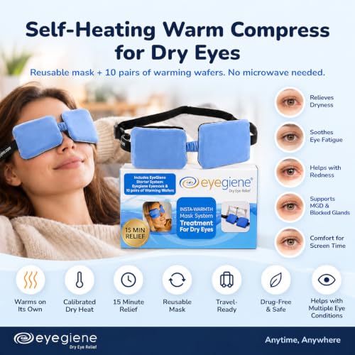 EyeGiene Insta-Warmth Eye Mask with 10 Pairs of Warming Wafers - Soothing Reusable Heating Mask & Adjustable Fit (Mask & 10 Pair)