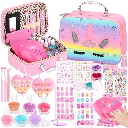 Rainbow Unicorn Non-Toxic Nail Polish & Press-On Nails Set with Dryer - Kids Gift