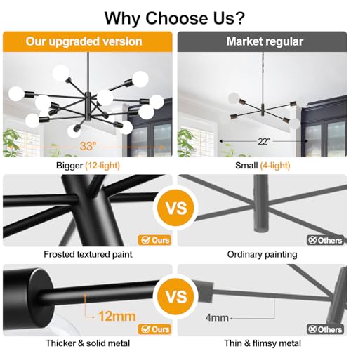 12-Light Matte Black Modern Sputnik Chandelier - Adjustable Height Ceiling Light Fixture