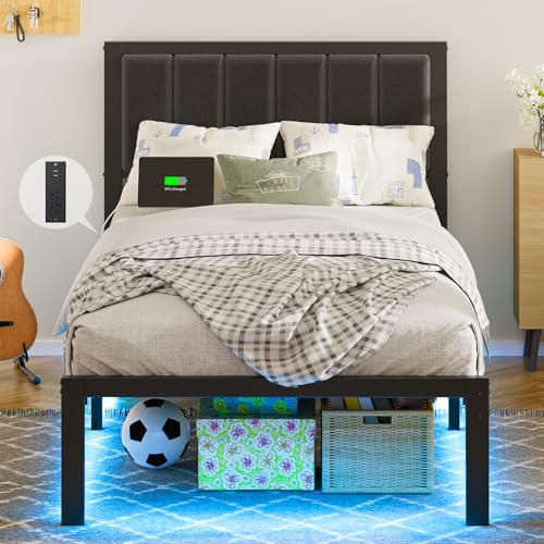 Twin Bed Frame with Headboard, Smart LED & Charging Station - OLEVS