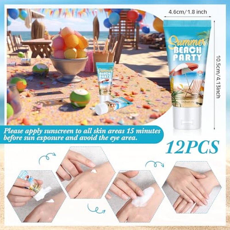 12 Pcs Mini Sunscreen Bulk for Valentine Gifts Summer Travel Size Spf 30 Water Resistant Sunblock Sunscreen Lotion Bulk for Valentines Day Favors for Pool Party(White Cream,Beach)