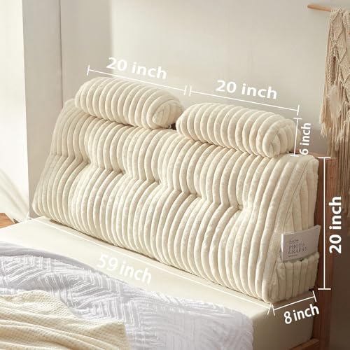 Beige Faux Fur Headboard Pillow Set with 2 Neck Rolls - Queen Size