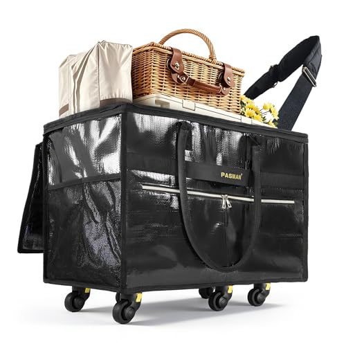 PASMAN Reusable Large Rolling Grocery Bag with Wheels - Black, 109L
