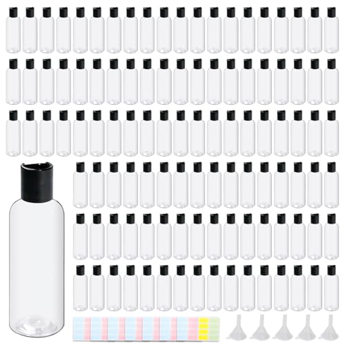 108 Pcs 3.4 oz Plastic Bottles Black Toiletries Empty Containers with Leak Proof Flip Cap, Refillable Travel Squeeze Containers for Lotion, Shampoo, Cream, Conditioner
