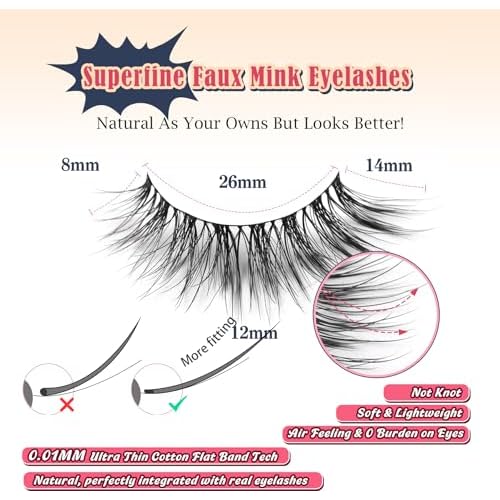 Natural Cat Eye Lashes Wispy Eyelashes 14mm Lightweight False Eyelashes 3D Volume Natural Lashes 0.1mm Thin Cotton Band Lash Strips Pack C Curl Soft Eyelash 7 Pairs Siligli