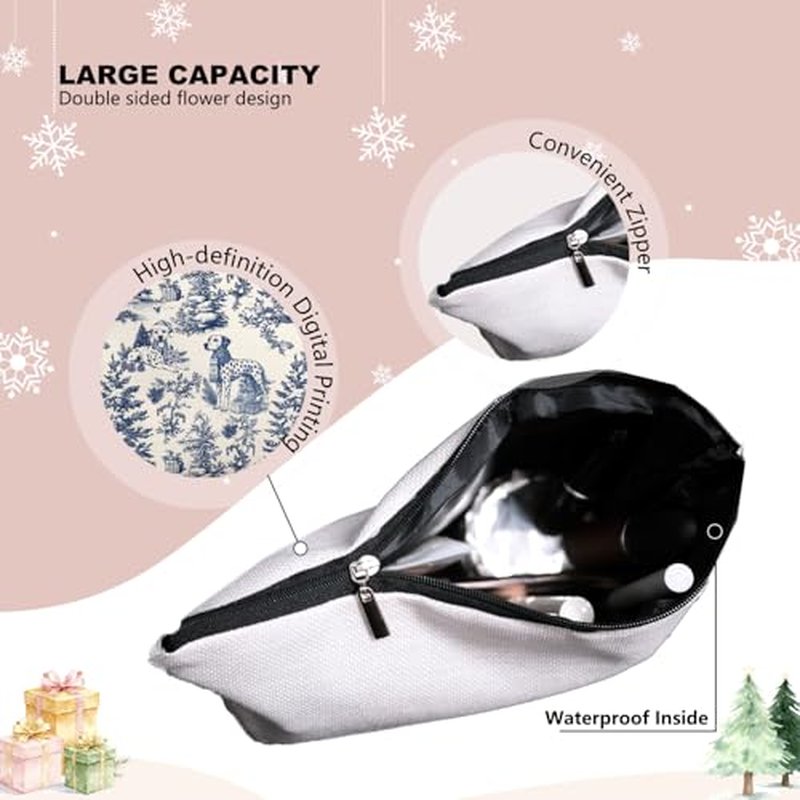 Blue Toile Dalmatian Christmas Makeup Bag for Women, Vintage Dog Print Cosmetic Pouch, French Country Holiday Travel Toiletry Bag, Cute Dalmatian Lover Gift