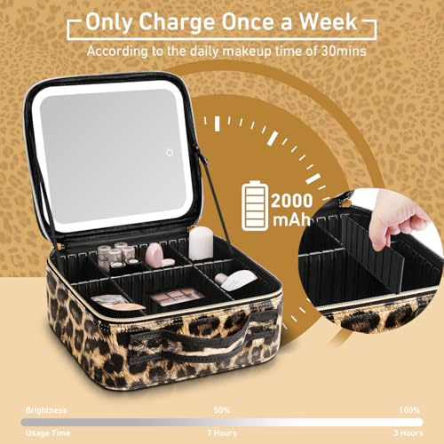 RRtide Leopard Makeup Bag with Lighted Mirror - Travel Cosmetic Organizer with Adjustable Dividers and 3 Light Settings