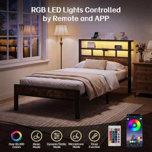 Vintage Brown Twin Bed Frame with Charging Station & LED Lights
