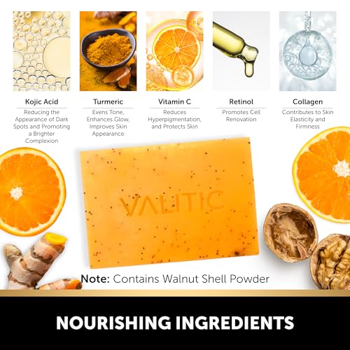 VALITIC Kojic Acid Soap - Turmeric Soap for Dark Spots for Face and Body - Exfoliating Bar for Hyperpigmentation, Skin Tone Corrector with Retinol, Vitamin C, Collagen and Hyaluronic Acid - 2 Pack