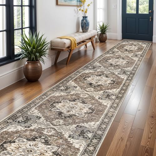 3' x 20' Washable Hallway Runner Rug Beige Non-Slip Distressed Floor Carpet