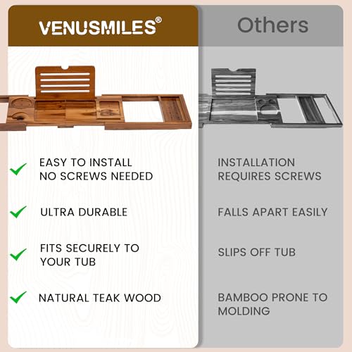 Venusmiles Foldable Teak Bathtub Caddy with Expandable Handles, Wine Glass & Phone Holders - Light Walnut