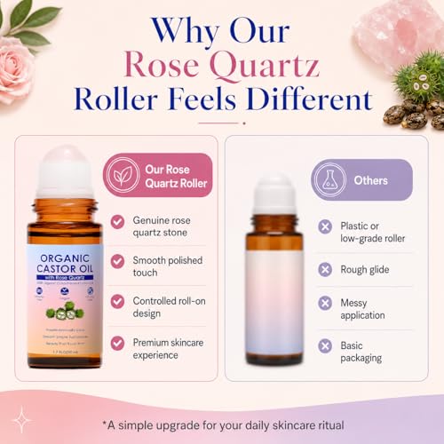 Organic Castor Oil Rose Quartz Roller Ball – 1.7 Fl Oz, Cold Pressed, Hexane-Free, Facial & Skin Care, Anti-Aging, Under Eye Puffiness, Variation 2