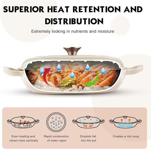 Overmont 3.8QT Enameled Cast Iron Dutch Oven - White Shallow Braiser with Lid
