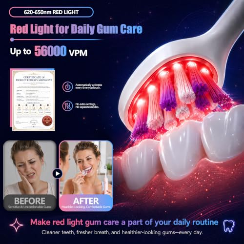 Electric Red Light Sonic Toothbrush for Gum Care & Deep Clean - 2 Red Light Heads