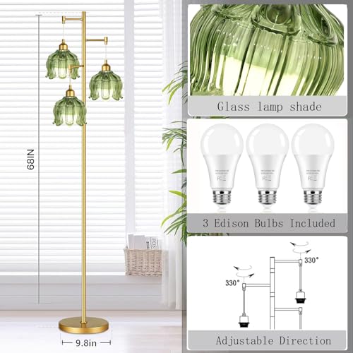 ZECOXOL Green Glass 3-Light Mid-Century Floor Lamp with Brass Tall Stand