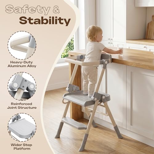 Kids Toddler Step Stool with Safety Railing & Anti-Slip Design - Foldable Kitchen & Bathroom Helper