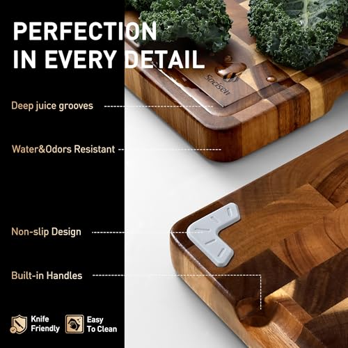 End Grain Acacia Wood Cutting Board 17" x 12" with Non-Slip Feet - Socisen