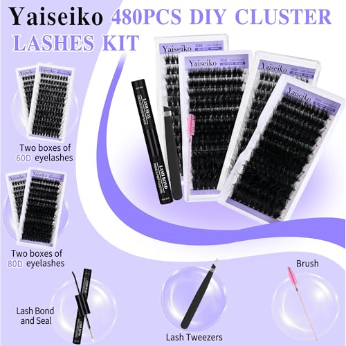 Lash Clusters Kit Gift Packs Fluffy 60D 80D Individual Lashes D Curl Cluster Eyelash Extensions DIY Lash Extension Kit 480Pcs with Lash Bond and Seal Waterproof, Lash Applicator, False Eyelashes Kit
