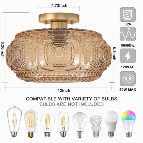 12 Inch Amber Mid Century Glass Semi Flush Mount Ceiling Light Fixture - OYKYOHEI