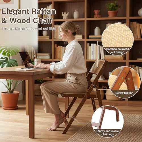Walnut Furlide Rattan Folding Chair - Bamboo Dining Seating, Portable & Stylish, 1 Pack
