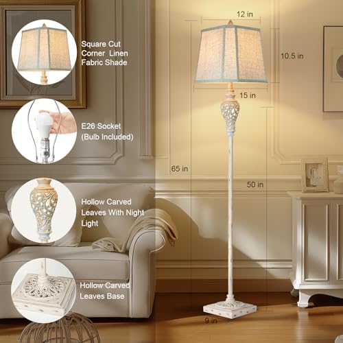 LuxSight Cream Rustic Floor Lamp with Nightlight - Vintage Standing Lamp for Living Room
