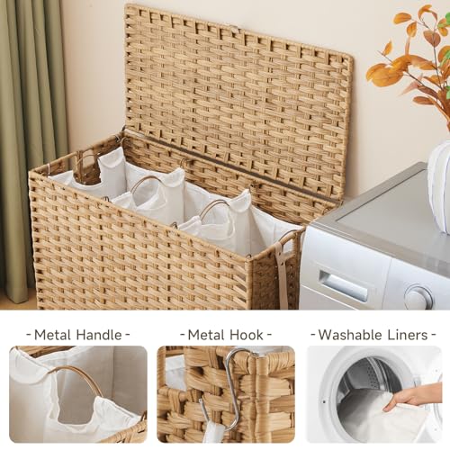 Large Laundry Hamper with Wheels 52.8 Gallon Rattan Clothes Basket with Lid & Removable Liners - Natural, 200L
