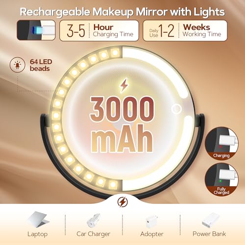 Black Double-Sided Lighted Makeup Mirror 30X Magnification - Rechargeable