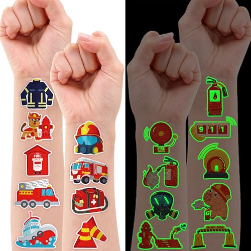96 PCS Firefighter Firetruck Pre-Cut Luminous Glow in the dark Temporary Tattoos for Kids | Super Cute Themed Birthday Party Favors, Supplies, Decorations, Fake Tattoo Stickers Gifts for Boys Girls