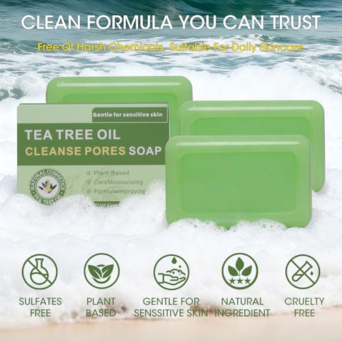 Natural Tea Tree Soap Bar, 3-Piece Set, Plant-Based Formula with Tea Tree & Coconut Oil, Purifying Cleanser for Face & Body, Refreshing & Gentle for Daily Use