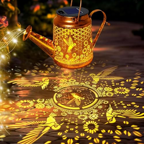 Solar Lanterns Outdoor, Hummingbird Sunflower Watering Can lights, Waterproof Hanging Lanterns, Solar Path Lights, Outside Decoration Gardening Christmas Gifts for Mom Grandma Women with Shepherd Hook