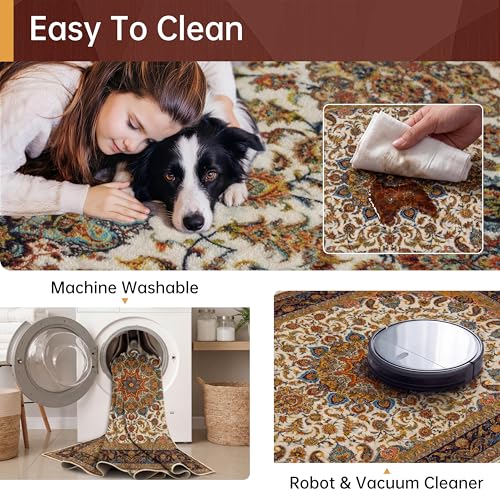 Orange 8'x10' Washable Boho Low Pile Non-Slip Area Rug - Watthourhome