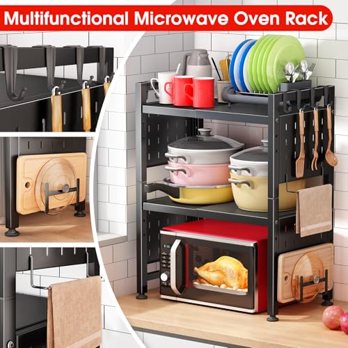 Kitstorack 3-Tier Black Expandable Microwave Stand with Hooks & Cutting Board Holder