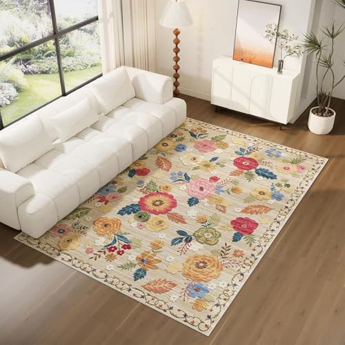 Beige Floral 8x10 Area Rug - Washable Non-Slip Bedroom Living Room Carpet