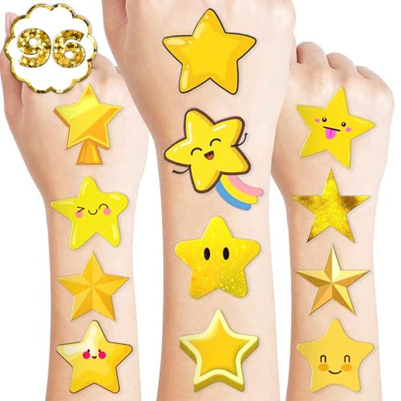 100 PCS Gold Stars Temporary Tattoos Birthday Party Decorations Favors Supplies Decor Twinkle Christmas Yellow Golden Star Banner Stickers For Girls Boys Classroom School Prizes Reward