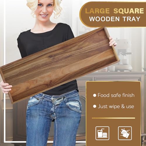 Extra Large Acacia Wood Serving Tray 36 x 12 Inches with Handles - Brown Variation