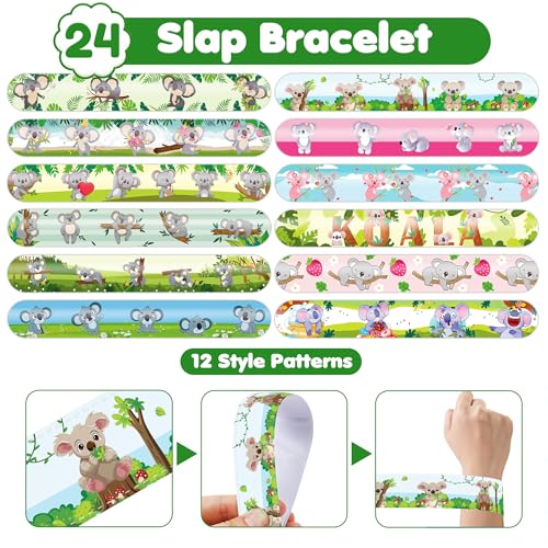 48 PCS Koala Party Set - 24 PCS Temporary Tattoos & 24 PCS Slap Bracelets - Adorable Koala-Themed Gifts for Kids, Girls, and Boys - Perfect for Birthdays, Baby Showers, Classroom Rewards & Decor
