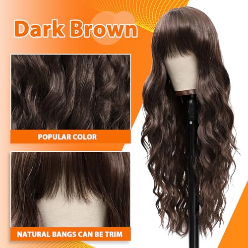Vomella 4G 26-Inch Dark Brown Curly Wavy Wig with Bangs for Women