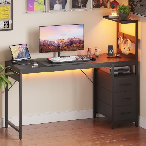 Black 48 Inch Gaming Computer Desk with LED Lights & Storage Shelf - Small