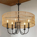 24 Inch Farmhouse Rattan Chandelier - Hand-Woven Boho Pendant Light with Black Metal Frame - Rustic Ceiling Light for Dining & Living Room - Variation B