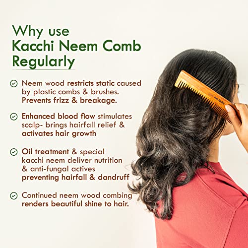 Nat Habit Back To Natural Kacchi Neem Wooden Comb - Dual Combo, 18-20cm, Frizz & Hairfall Control