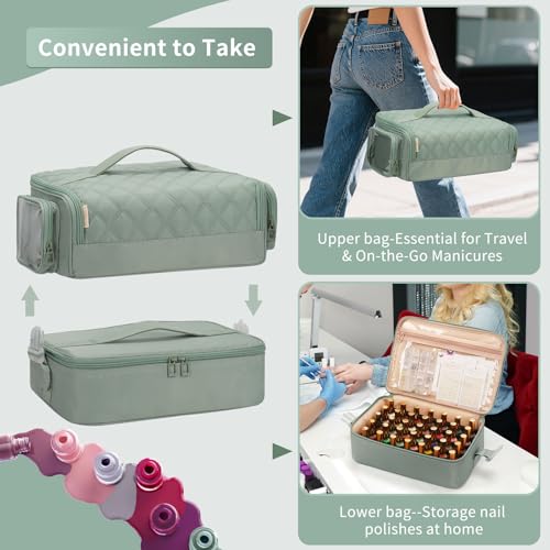 OCHEAL Nail Polish Organizer Bag 45+ Bottle Capacity with Side Pockets - Green, Detachable 2-in-1 Nail Tech Storage Case