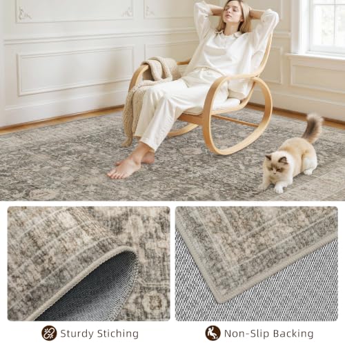 8x10 Washable Area Rug - Living Room Bedroom Taupe Vintage Style