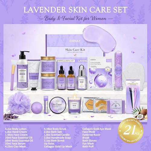 Lavender Spa Gift Basket for Women - 21-Piece Skin Care Set with Body Lotion, Masks & More