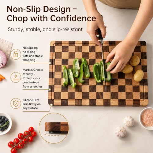 Fyctio 3-Piece Checkered Walnut & Rubber Wood Cutting Board Set with Stand, 17"L x 12"W