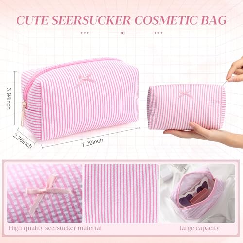8 Pcs Seersucker Makeup Bag Set with Striped Pattern - Light Pink
