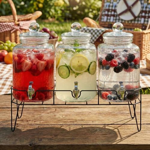 Style Setter Premium 1.5 Gal Glass Dispenser Set of 3 with Stand - Triple Beverage Stations